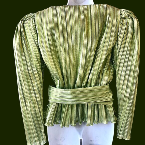 Vintage 80's Metallic Peridot Accordian Pleats Evening Blouse Belt Flower - Picture 5 of 14